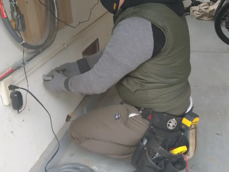 Electrician performing outlet wiring in a Jena garage